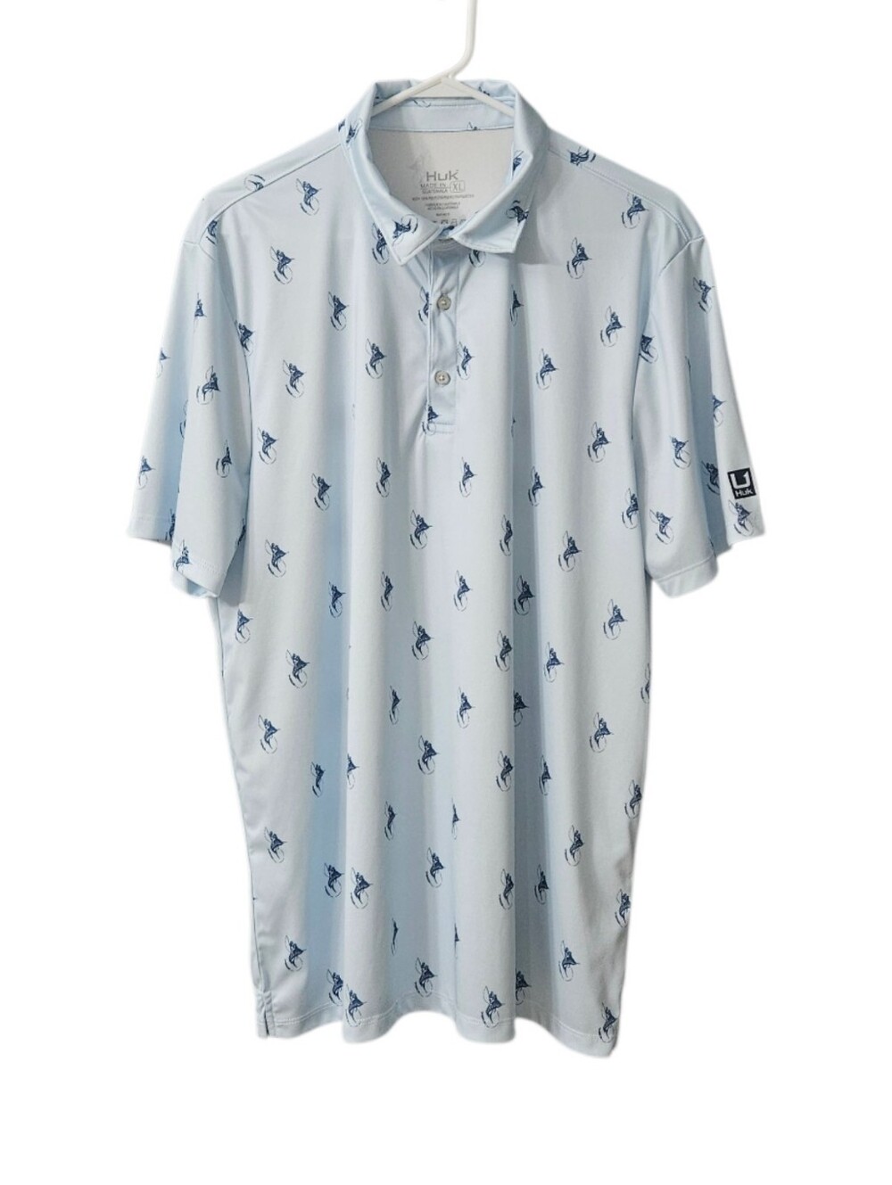 Huk Polo Shirt Men's XL Mermaid On Marlin Print Blue Fishing Golf Outdoor